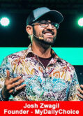 Josh Zwagil speaking on stage as the founder of MyDailyChoice