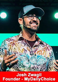 Josh Zwagil speaking on stage as the founder of MyDailyChoice